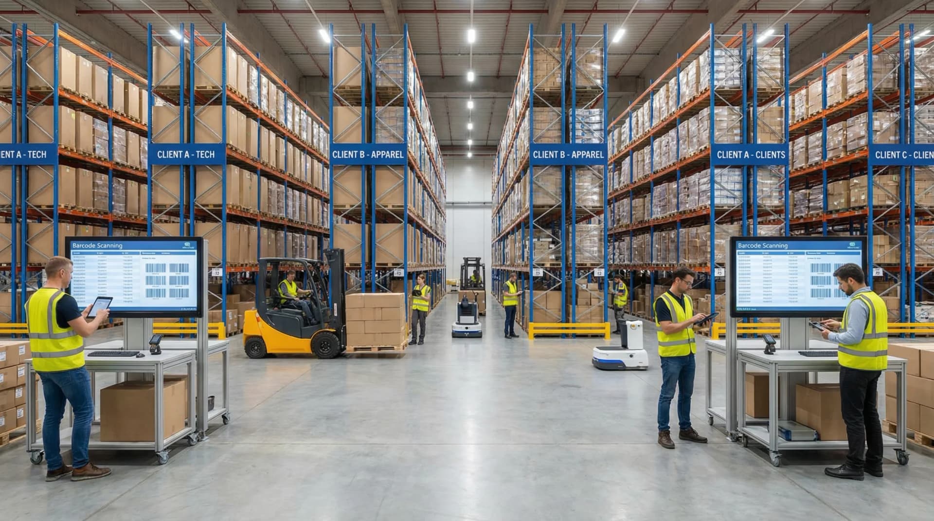 3PL warehouse with multiple client sections and workers using tablets