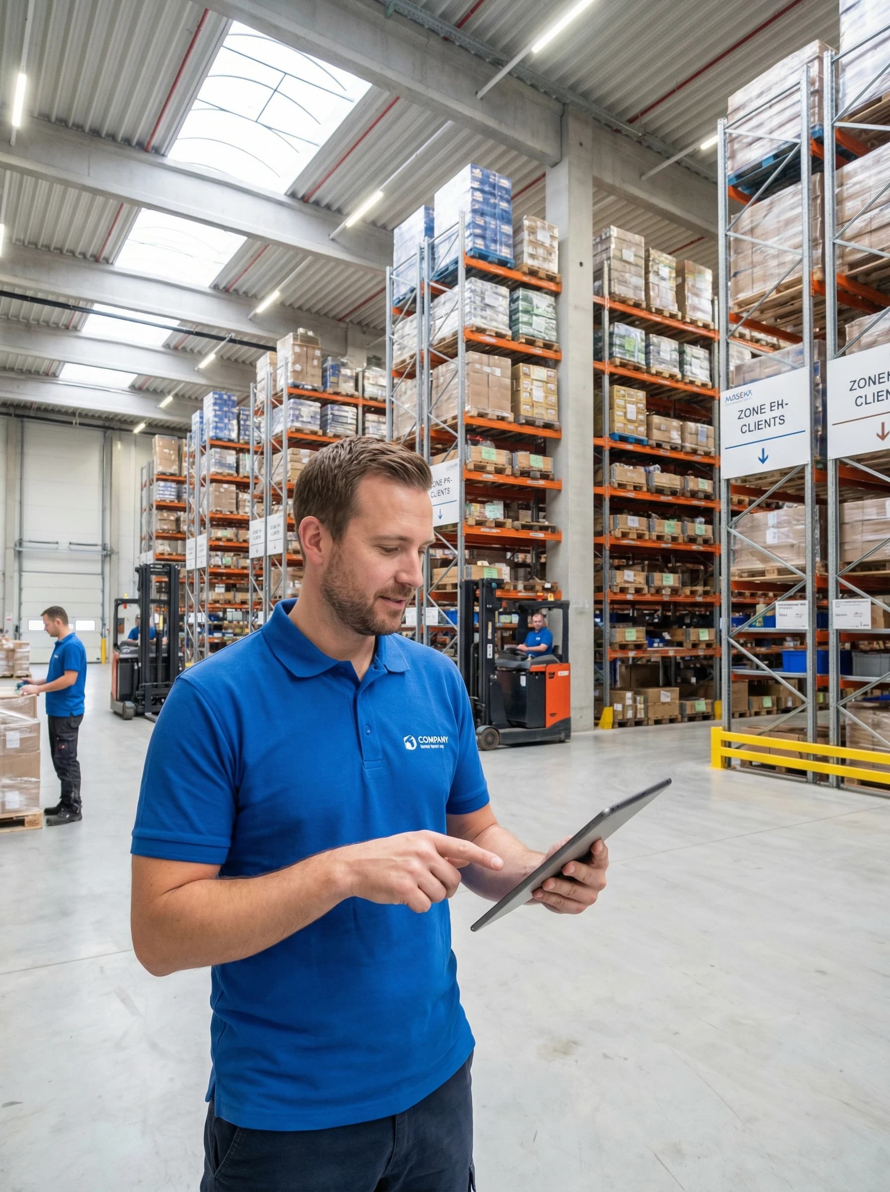 3PL warehouse manager reviewing inventory on a tablet