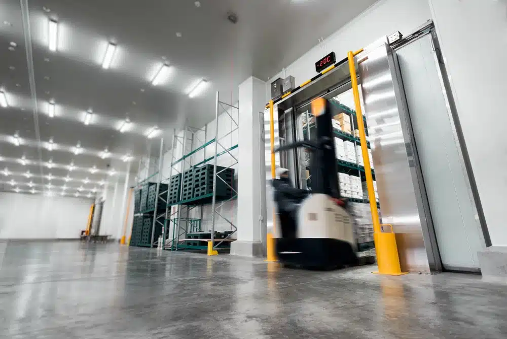 Forklift operating in modern cold storage warehouse with temperature-controlled environment