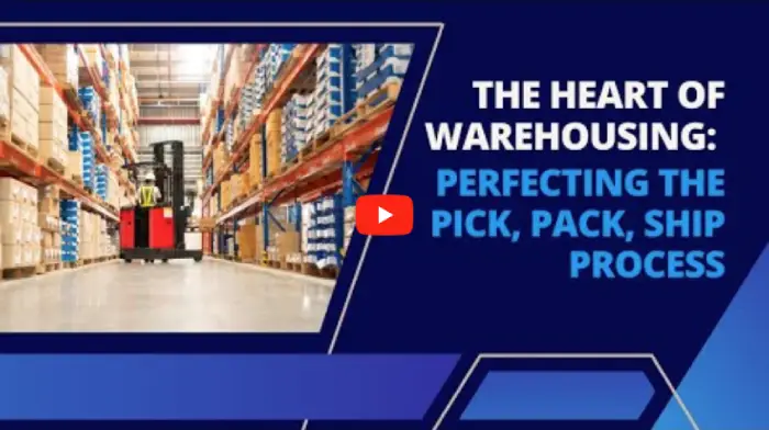 Warehouse worker in aisle with shelving promoting pick pack ship process optimization