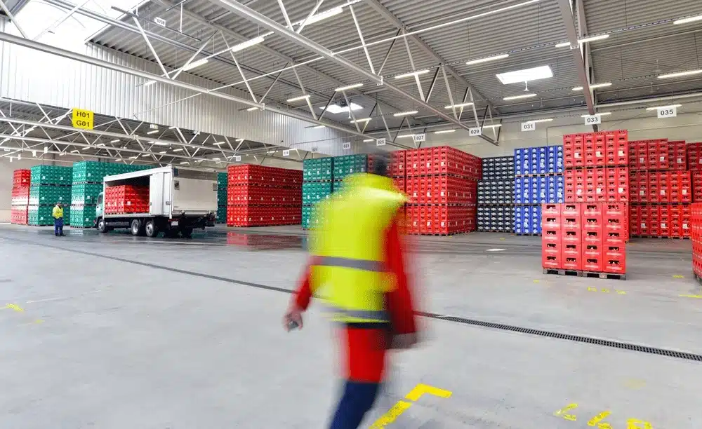 Warehouse worker in high-visibility vest walking through beverage distribution center with colorful crates