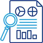 Warehouse analytics report with magnifying glass showing charts and performance data