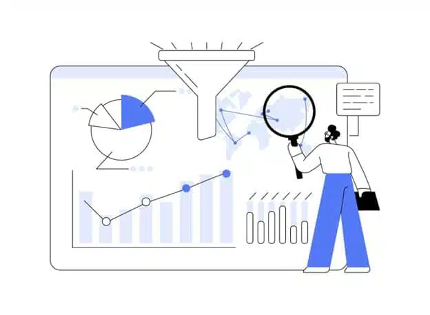 Person analyzing warehouse efficiency data with charts, graphs and magnifying glass