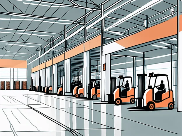 row of forklifts with drivers in a warehouse