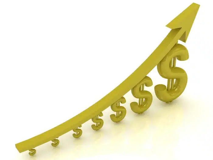 Gold dollar signs arranged in ascending order with upward trending arrow showing financial growth