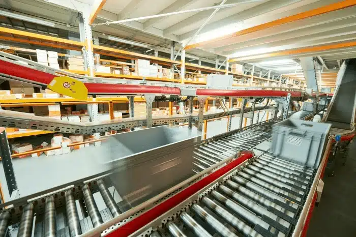 Modern warehouse conveyor belt system in 3PL fulfillment center facility