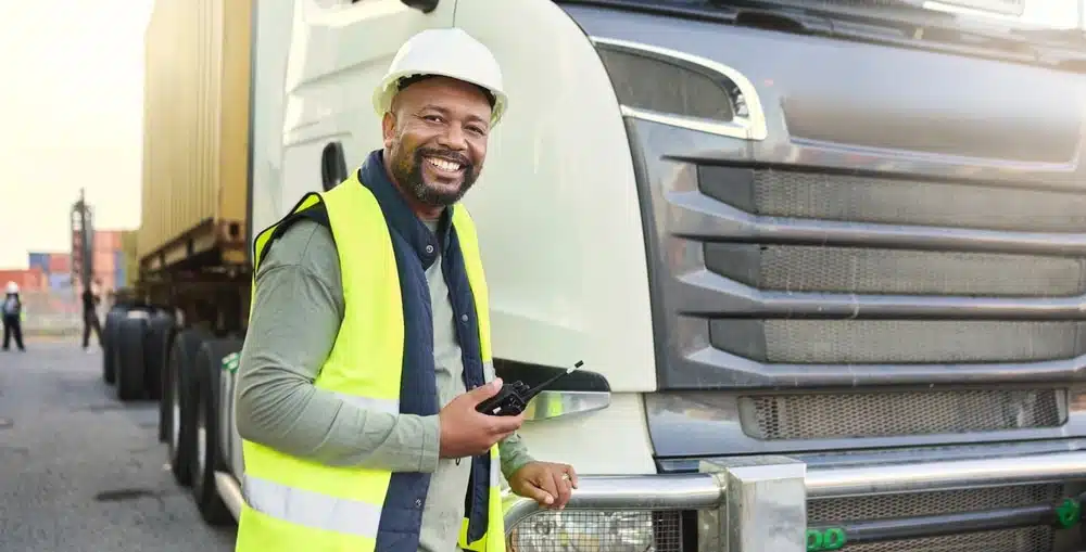 Smiling warehouse worker in safety vest and hard hat standing beside truck