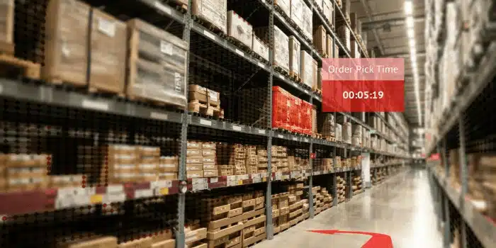 Modern warehouse with order picking timer displaying fast fulfillment time