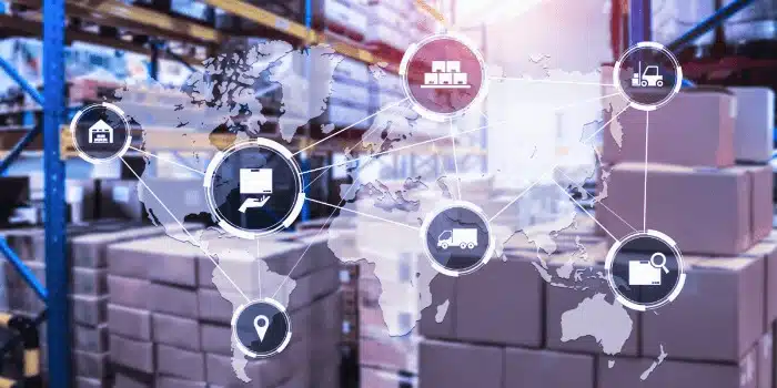 Warehouse with global supply chain network icons overlaying world map visualization