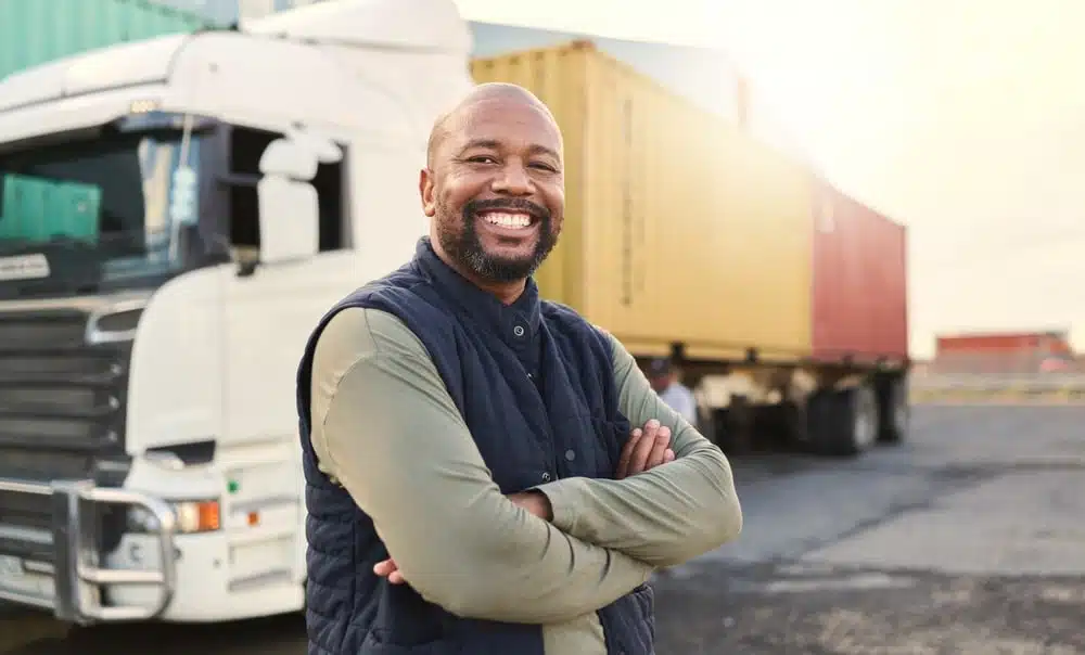 Smiling logistics manager standing confidently in front of semi-truck at distribution yard