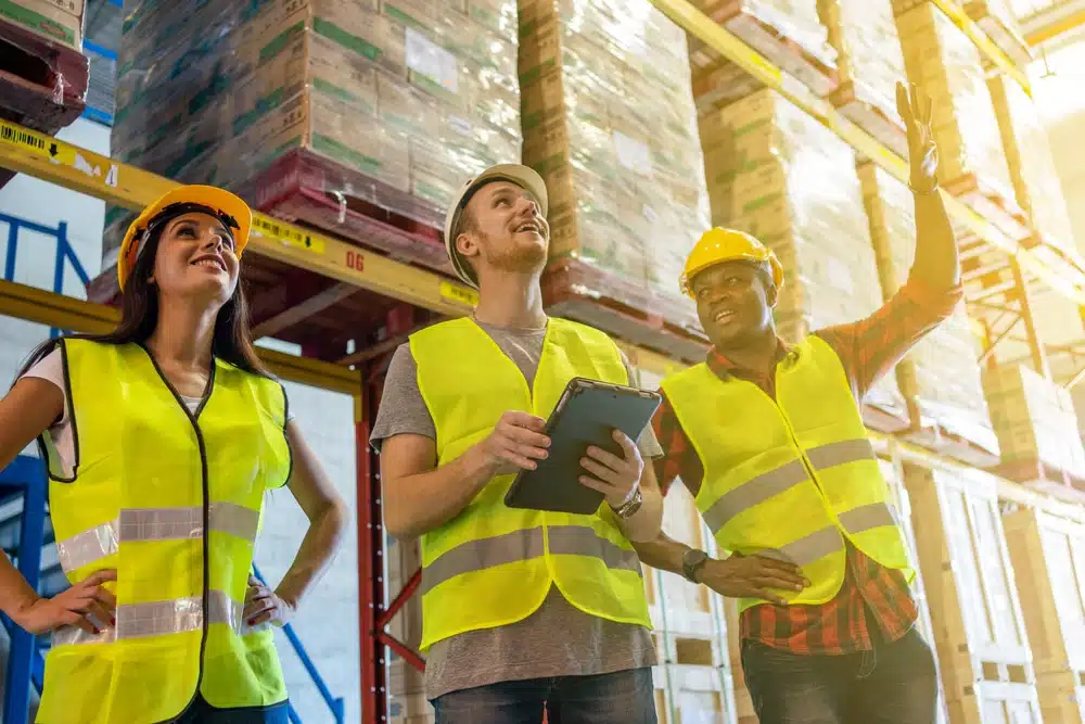 Three warehouse workers in safety vests examining inventory with tablet computer