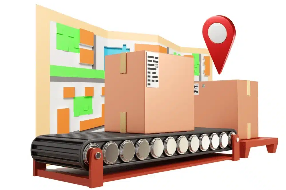 Conveyor belt with shipping boxes and location pin showing ecommerce fulfillment process