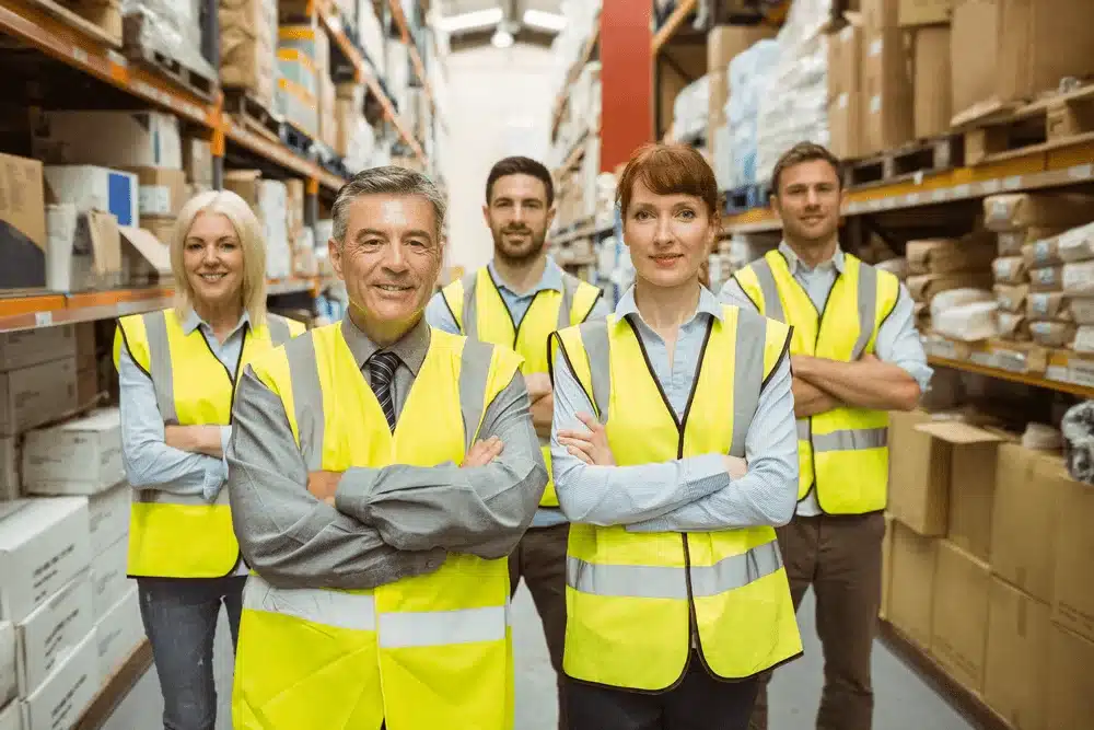Warehouse team in safety vests standing confidently in fulfillment center aisles