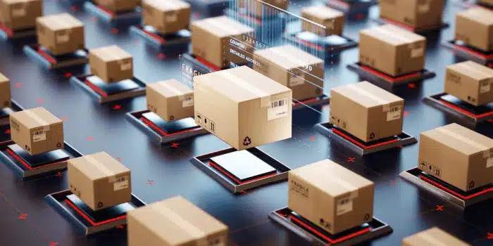 Automated warehouse system with cardboard packages on robotic conveyor platforms for efficient logistics