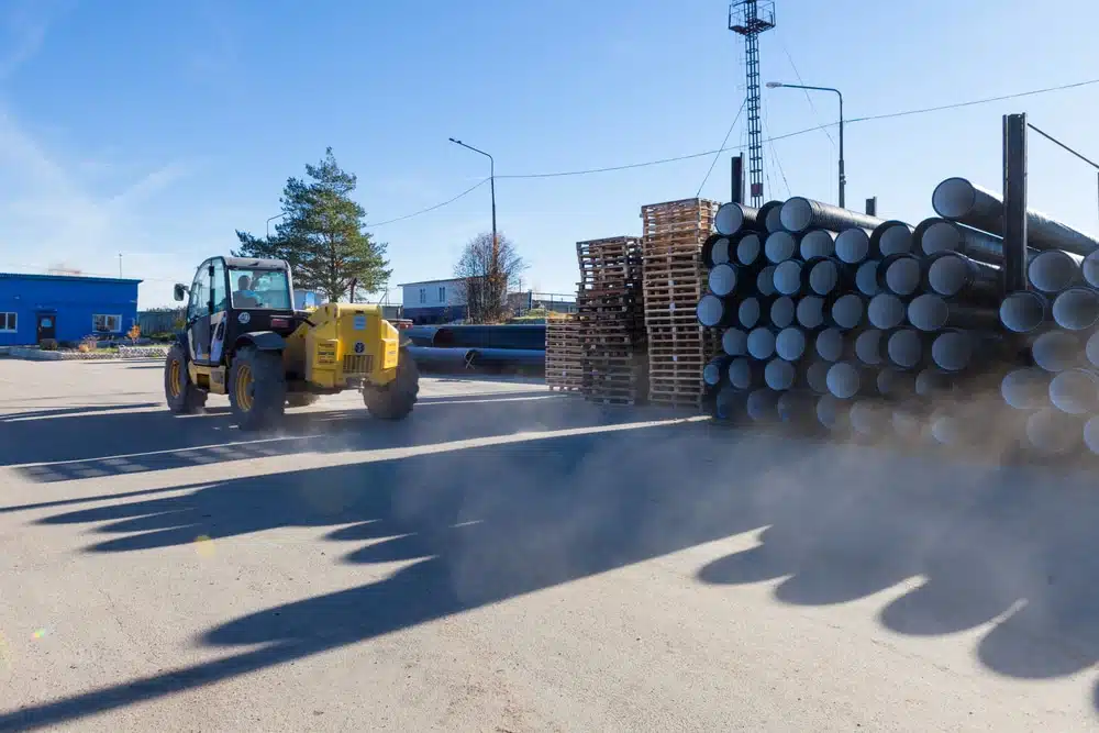 Telehandler moving materials in industrial yard with stacked pipes and wooden pallets