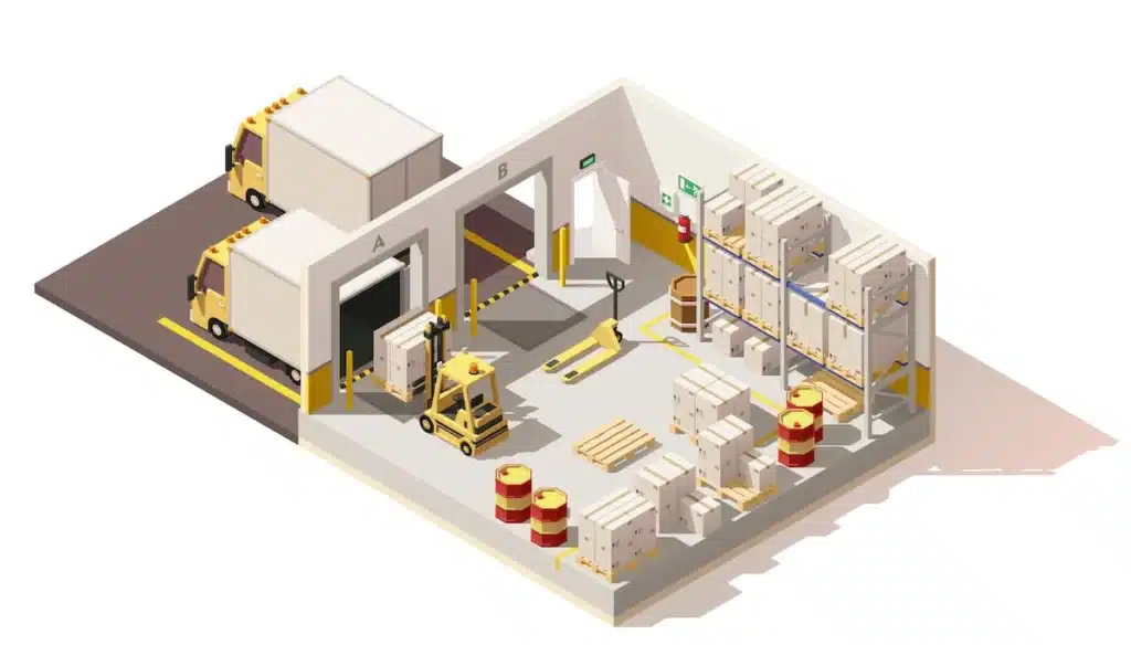 Isometric warehouse facility with loading docks, forklifts, and organized storage systems