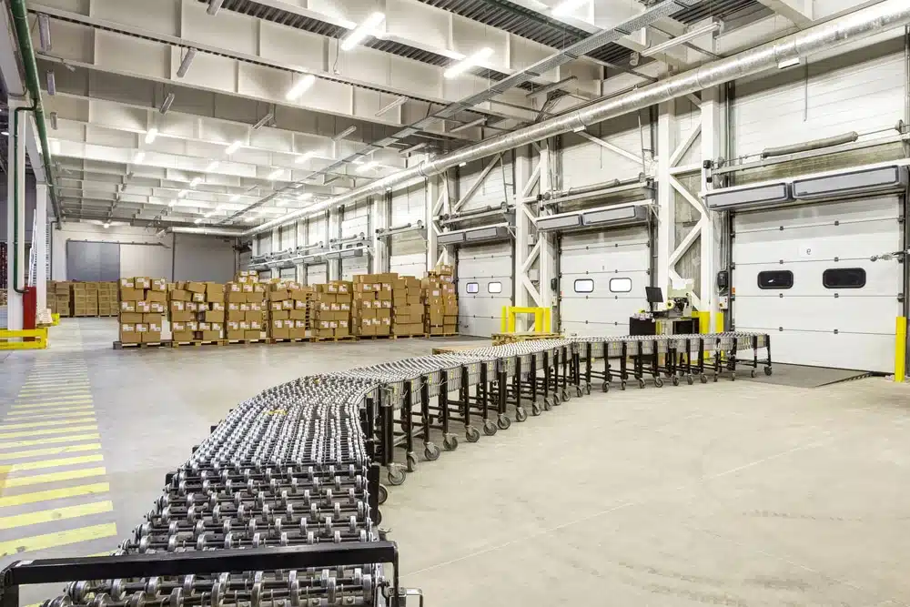 Modern warehouse facility with conveyor systems and loading docks for shipping operations