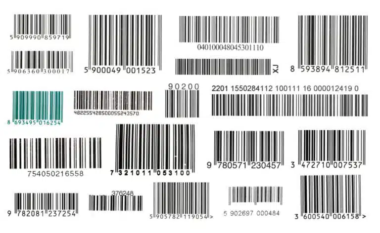 Collection of various warehouse barcode labels showing different numbering systems and formats