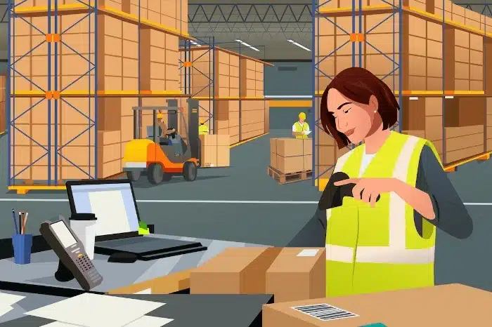 Warehouse worker scanning packages at shipping station with forklift in background