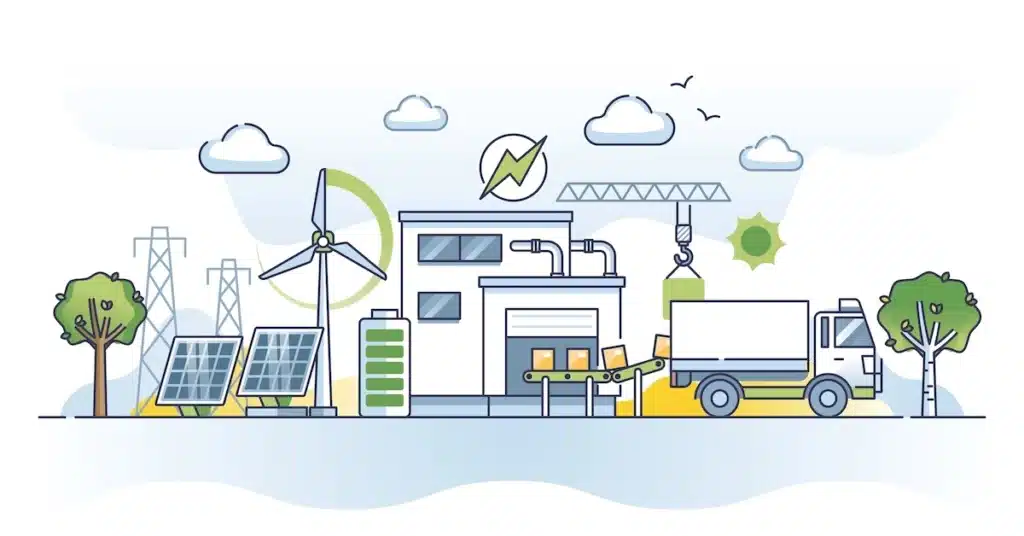 Modern warehouse facility with renewable energy sources and efficient delivery truck operations