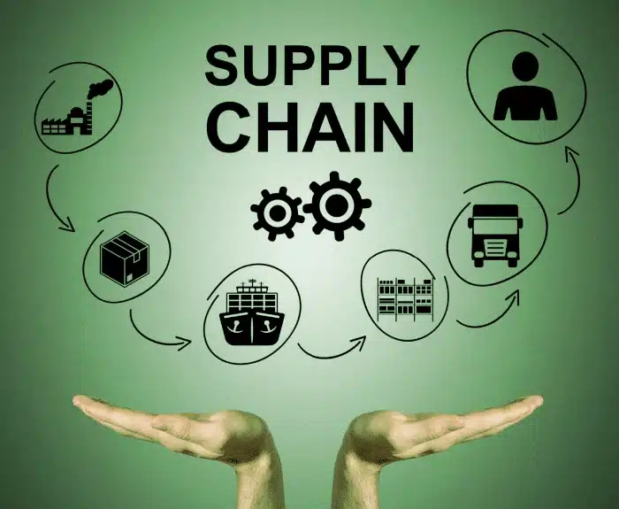 Hands supporting circular supply chain icons showing sustainability and distribution process