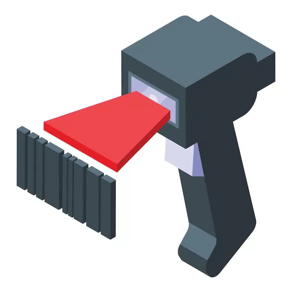 Handheld barcode scanner reading red product with black and white barcode stripes