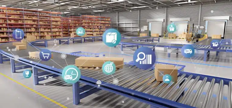 Modern warehouse with automated conveyor systems and digital logistics technology icons