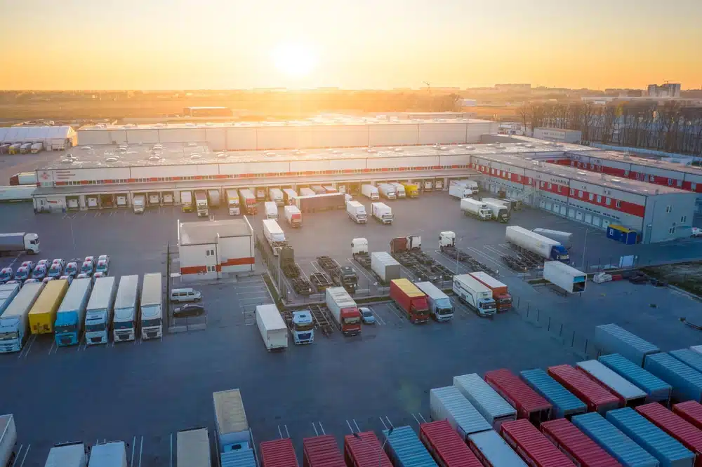 Aerial view of logistics yard with trucks, trailers and warehouse at sunset