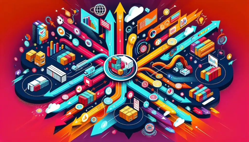 Colorful digital illustration showing integrated ERP and WMS systems with logistics icons
