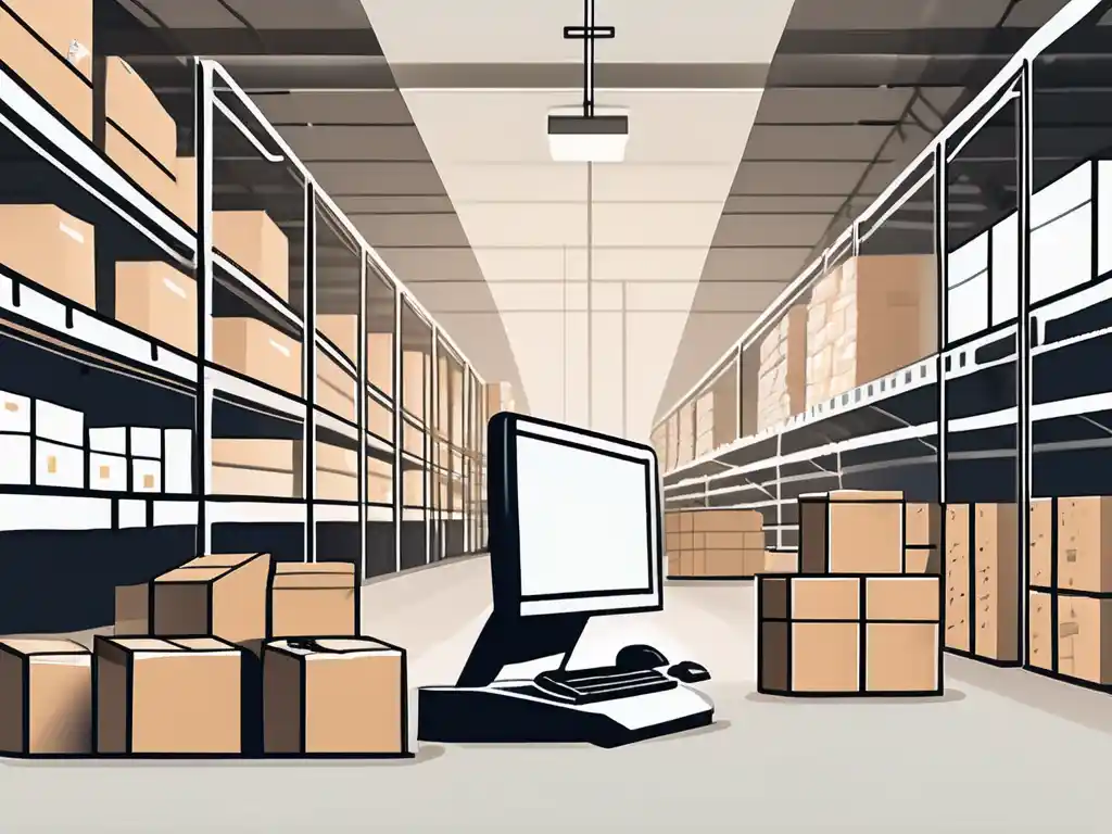 Modern warehouse with computer terminal for inventory management system tracking