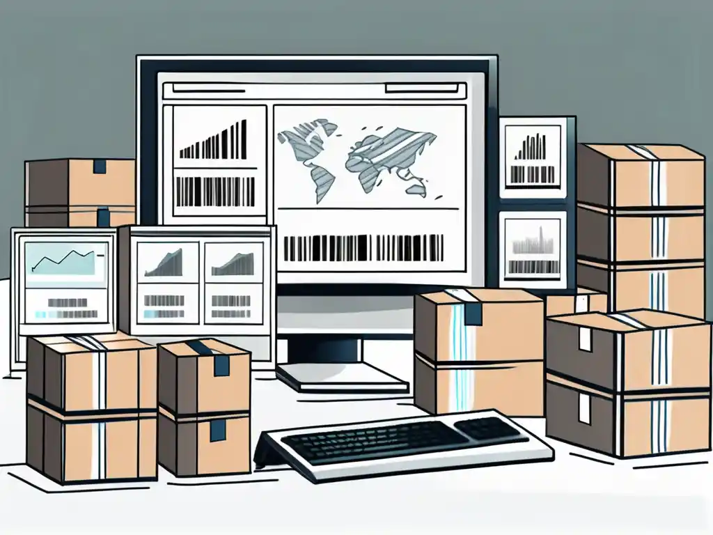 Computer displaying inventory management dashboard with barcodes, charts and shipping boxes