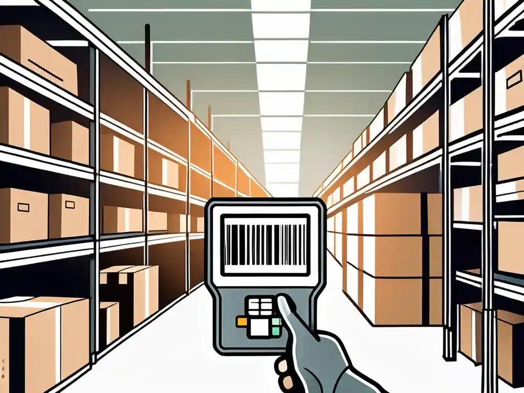 Hand holding barcode scanner in warehouse aisle with inventory shelves and boxes
