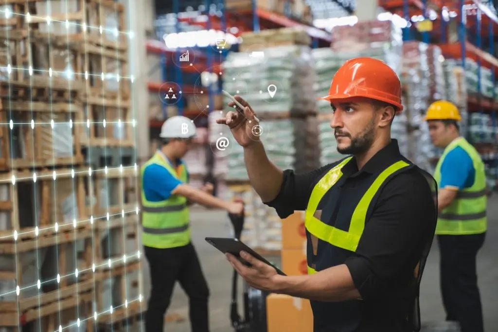 Warehouse worker using digital technology for ERP WMS inventory management system