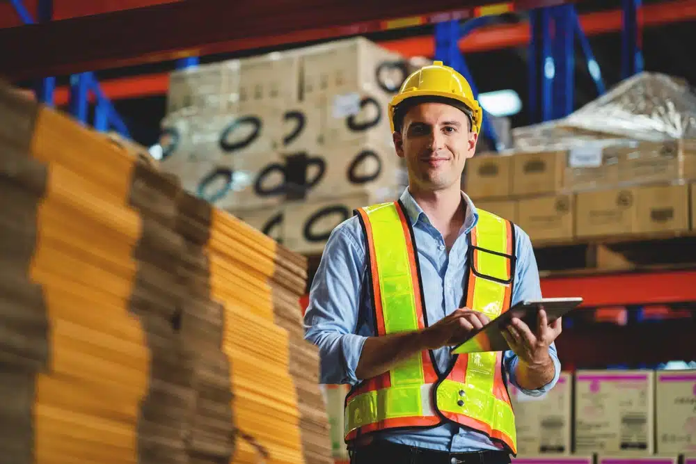 warehouse worker holding inventory management software tablet