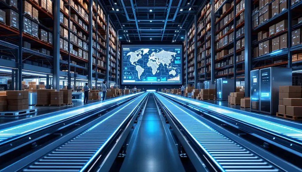 Modern warehouse with automated conveyor system and digital world map display