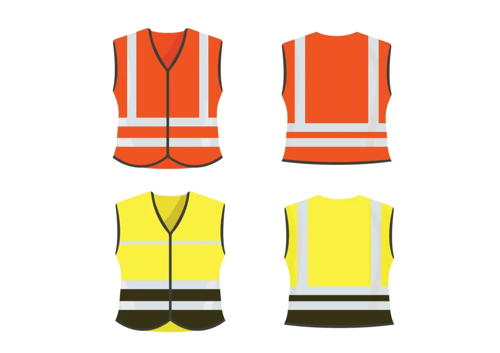 High-visibility safety vests in orange and yellow with reflective stripes for warehouse workers