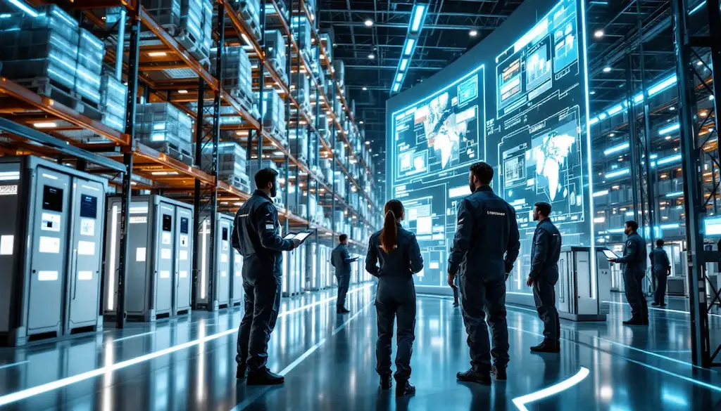 Warehouse workers monitoring EDI transaction data on digital screens in modern facility