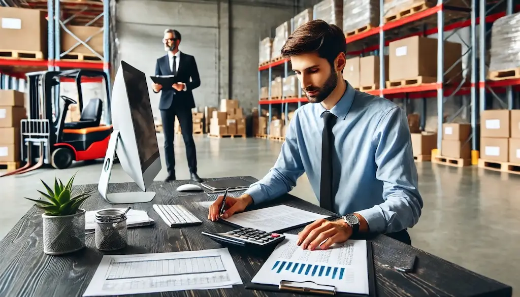 Professional analyzing WMS system costs with calculator in modern warehouse facility