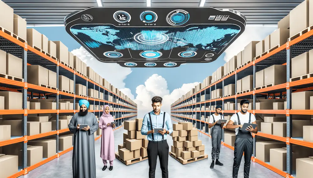 diverse warehouse team with tech graphic