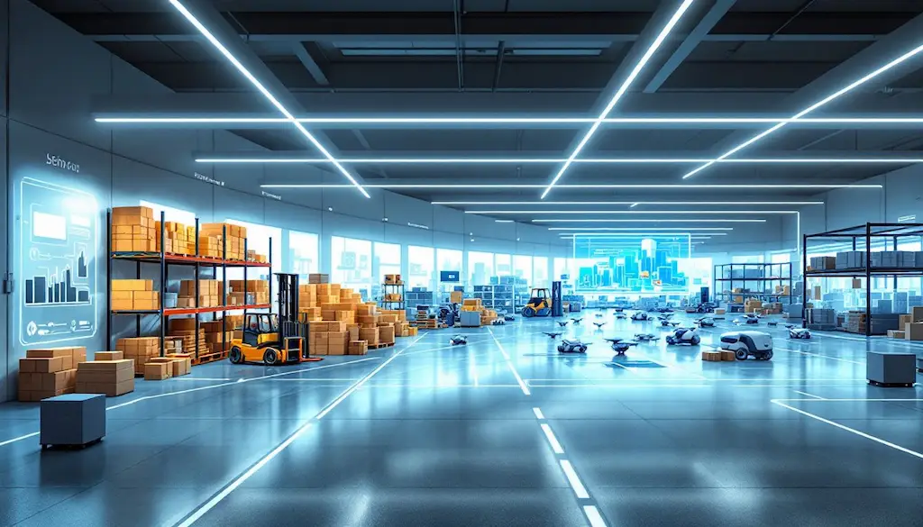 Modern automated warehouse with robots, storage racks, and optimized space utilization