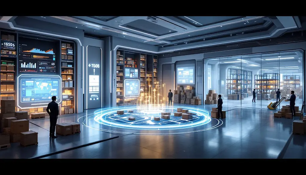 Modern warehouse with holographic analytics display and automated storage systems