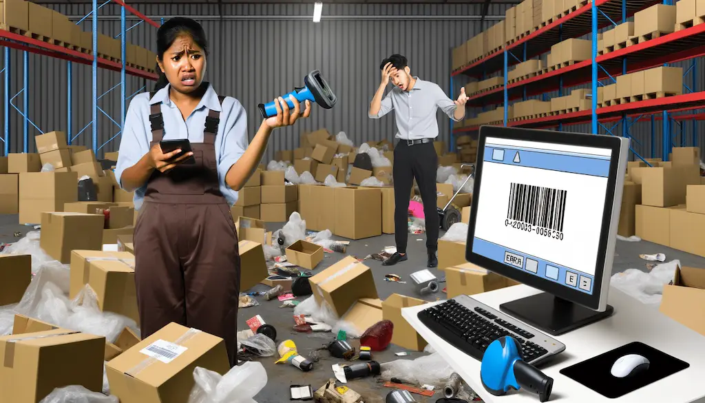 two workers in a messy warehouse causing fulfillment mistakes