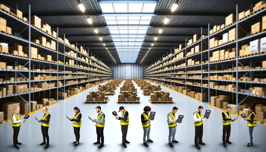 Warehouse workers in safety vests conducting quality control inspections with handheld devices