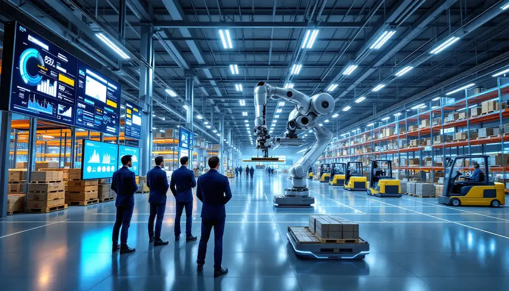 Modern automated warehouse with robotic systems and workers monitoring digital displays