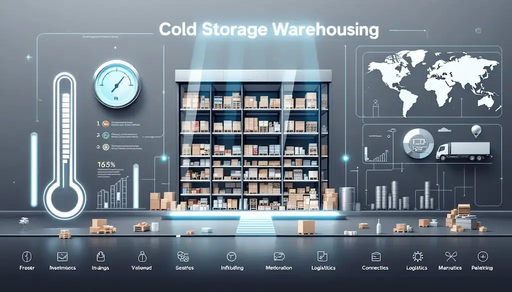 Cold storage warehouse infographic showing temperature monitoring, inventory management, and logistics dashboard