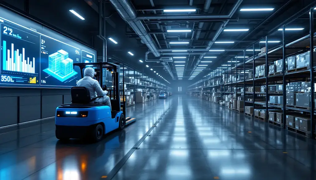 Modern automated cold storage warehouse with forklift operator and digital monitoring displays