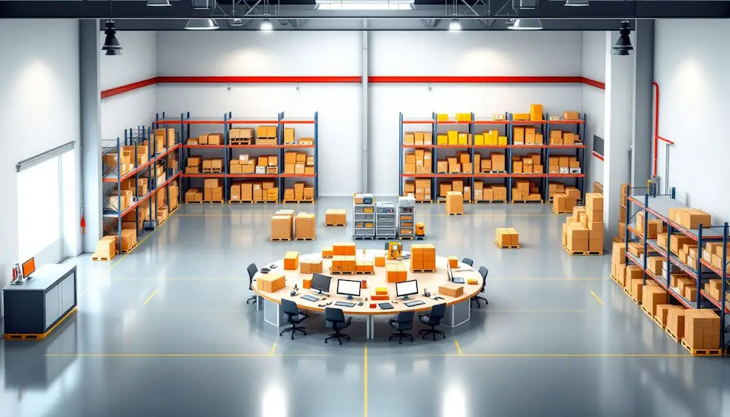 Modern organized warehouse with shelving systems and central workspace desk