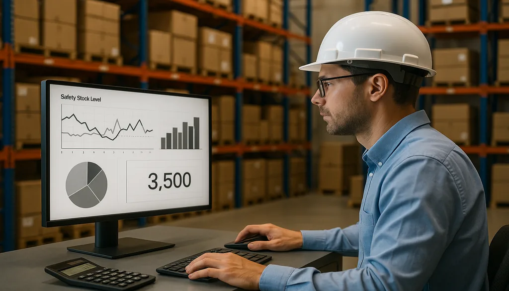 Warehouse manager reviewing safety stock data with balanced inventory in the background.