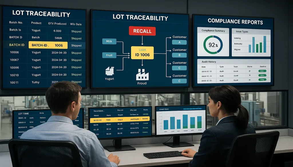 Control room operators reviewing digital lot traceability and recall data for compliance.