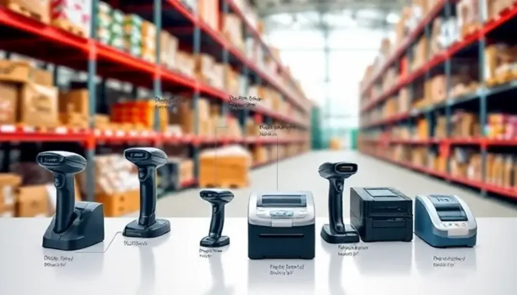 Barcode scanners and label printers displayed in warehouse aisle for inventory management system